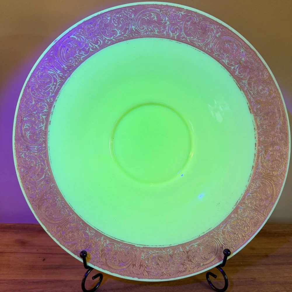 Vintage Custard Glass Bowl Gold Encrusted Etched Rim Uranium Glass 10.5 Inch